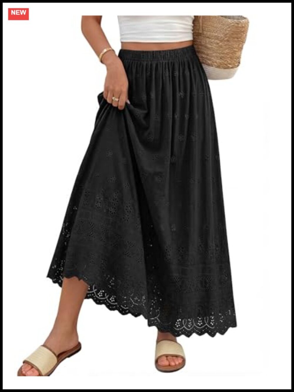 Cotton Eyelet A-Line Flowy Boho Maxi Skirt with Lace Hem